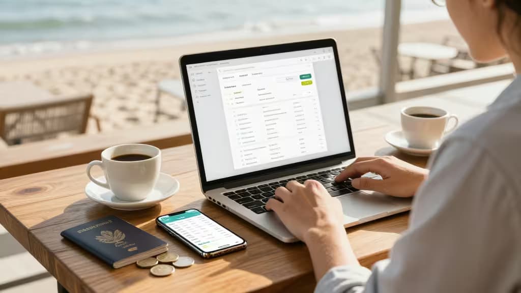 A digital nomad types on a laptop beside coffee, passport, coins, and a budgeting app on their phone.