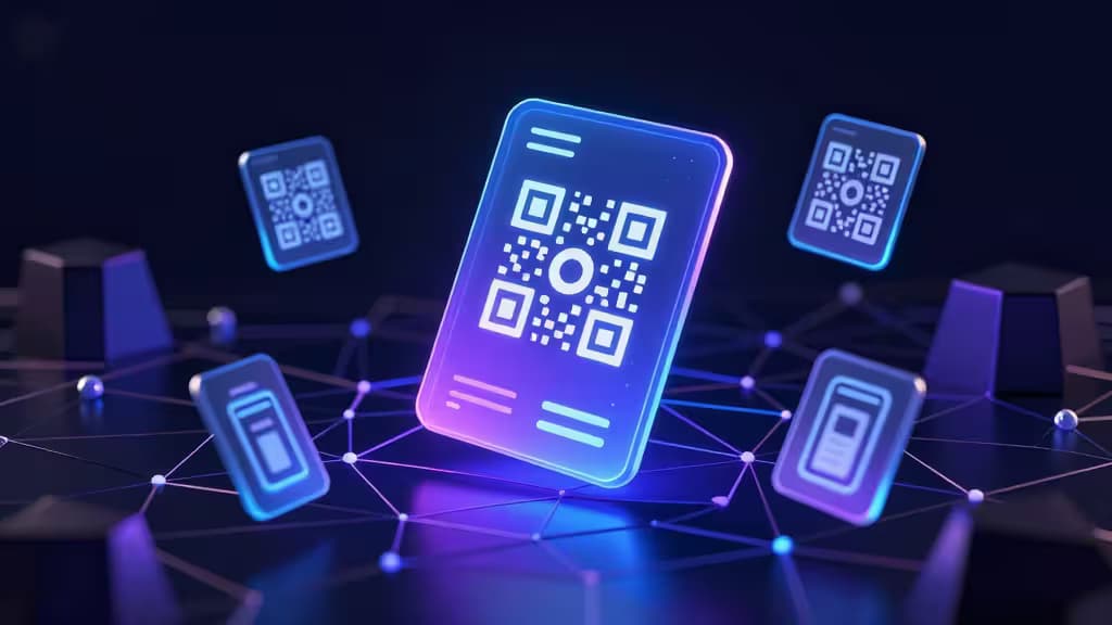 Abstrakcyjna wizualizacja portfeli kryptowalutowych — holograficzne kody QR i karty NFC nad ciemną siecią blockchain w odcieniach błękitu i fioletu