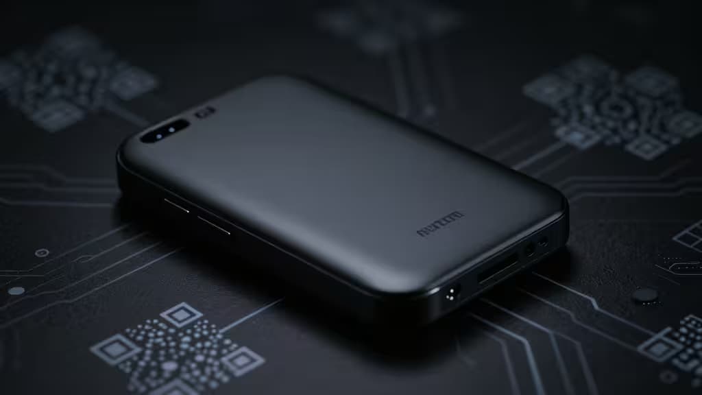 Carteira hardware cripto preta mate sobre placa de circuito com códigos QR, simbolizando armazenamento seguro air-gapped.