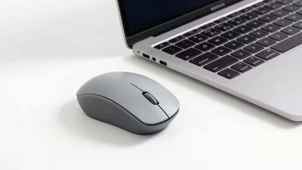 Grijze verticale muis naast zilveren MacBook, minimalistisch op witte achtergrond.