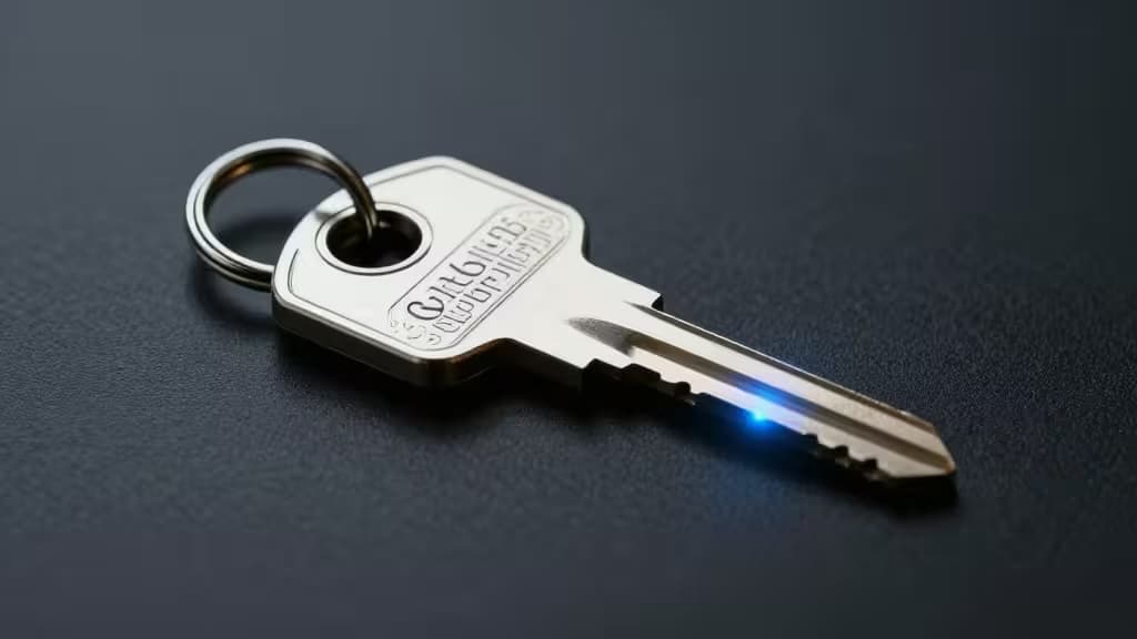 Clé de sécurité métallique sur surface sombre avec lueur d'authentification bleue — illustration du stockage de passkeys par clé physique FIDO2