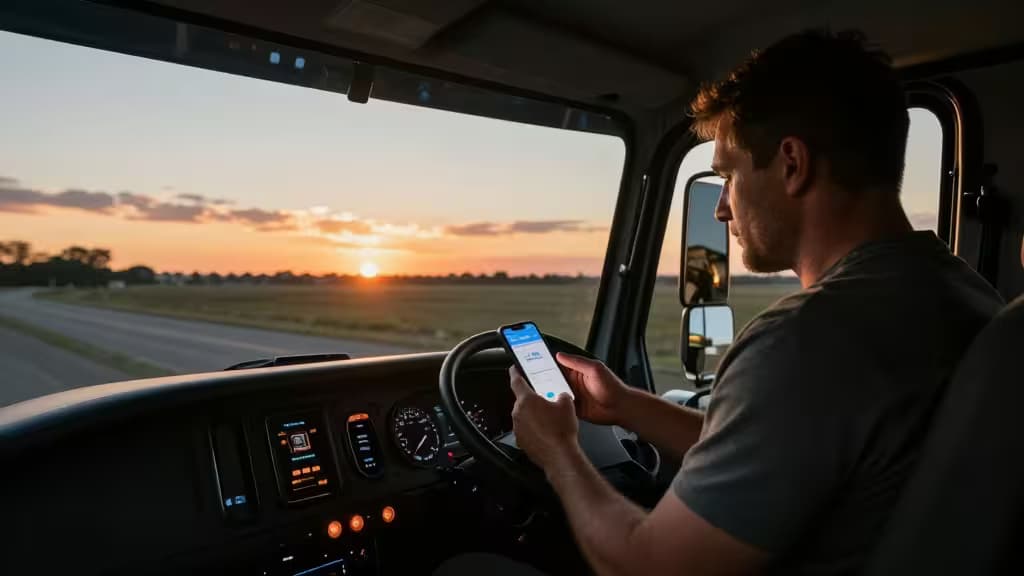 Truck driver uses smartphone banking app in cab at sunset, managing finances on the road.