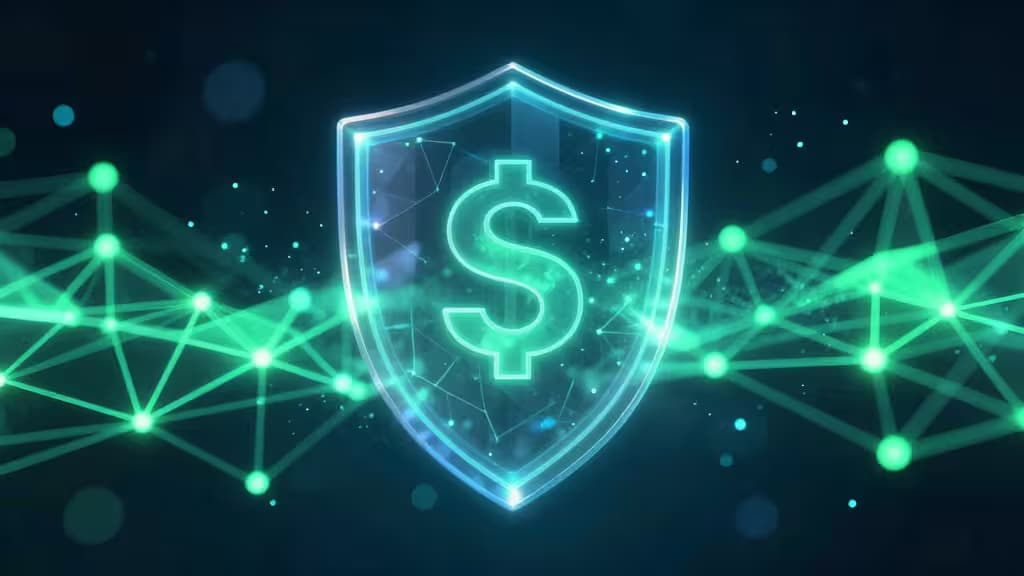 Un bouclier bleu lumineux avec un symbole dollar, entouré de nœuds de réseau verts, représentant des transactions crypto sécurisées.