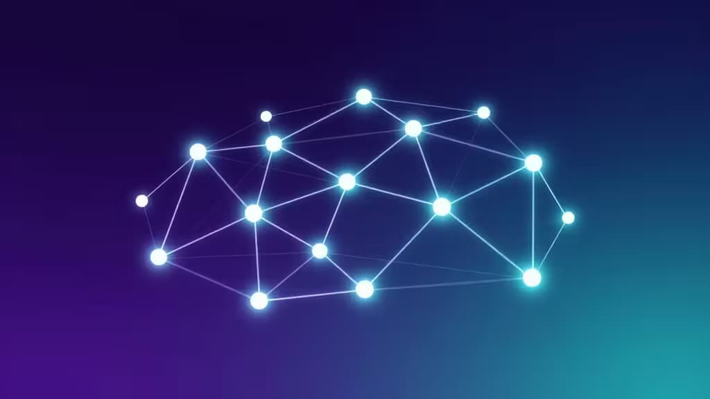 Glowing cyan nodes connect via luminous lines across a purple-to-teal gradient, forming an abstract Solana blockchain network.