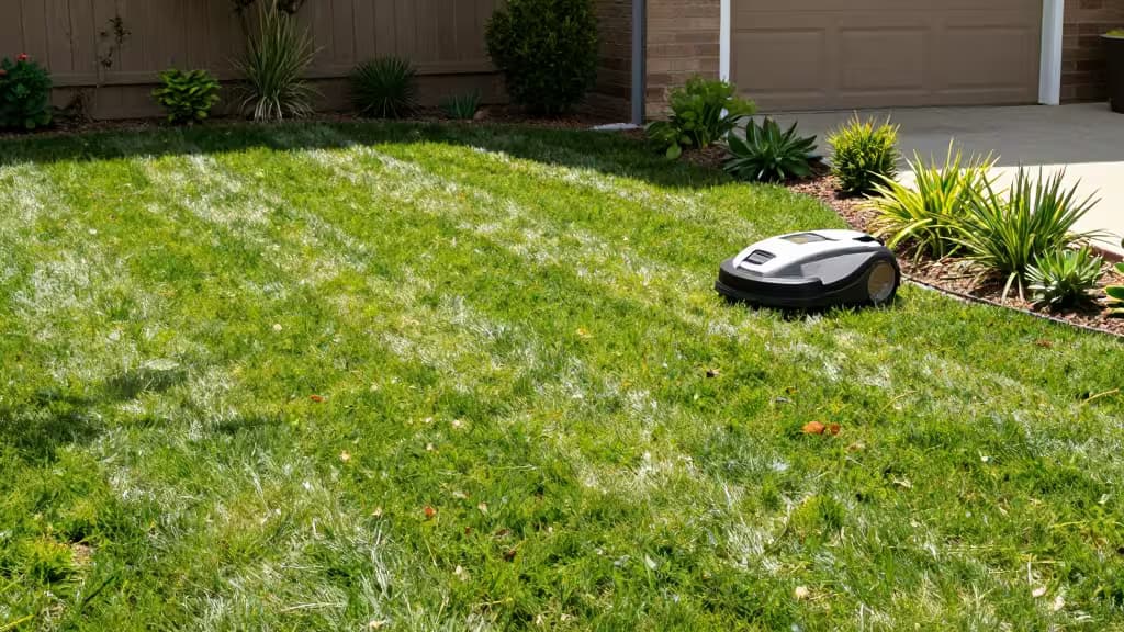 Tondeuse robot compacte en action dans un petit jardin de banlieue bien entretenu, avec des bandes de tonte régulières sous un soleil d'après-midi