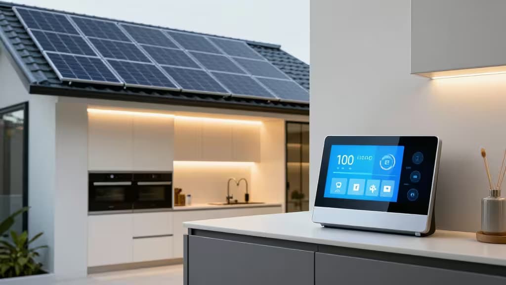 Modern home with rooftop solar panels and a smart energy monitor displaying real-time data on a kitchen counter.