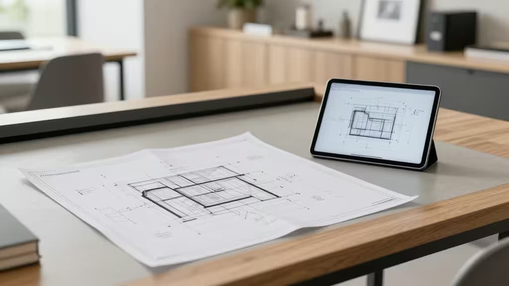 A tablet displaying AI-generated floor plans sits beside physical blueprints on a modern studio desk.