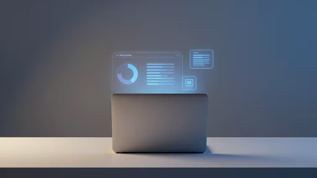 A sleek laptop projects glowing blue holographic data panels onto a minimalist white desk against a gradient gray backdrop.