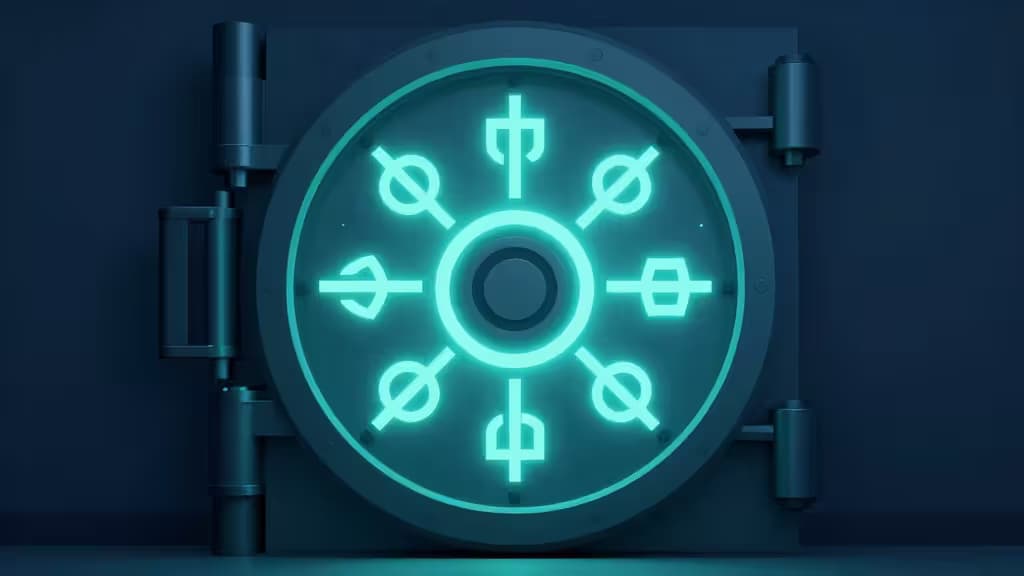 Abstrakte Illustration eines digitalen Sicherheitstresors mit kryptografischen Symbolen in Dunkelblau und Türkis
