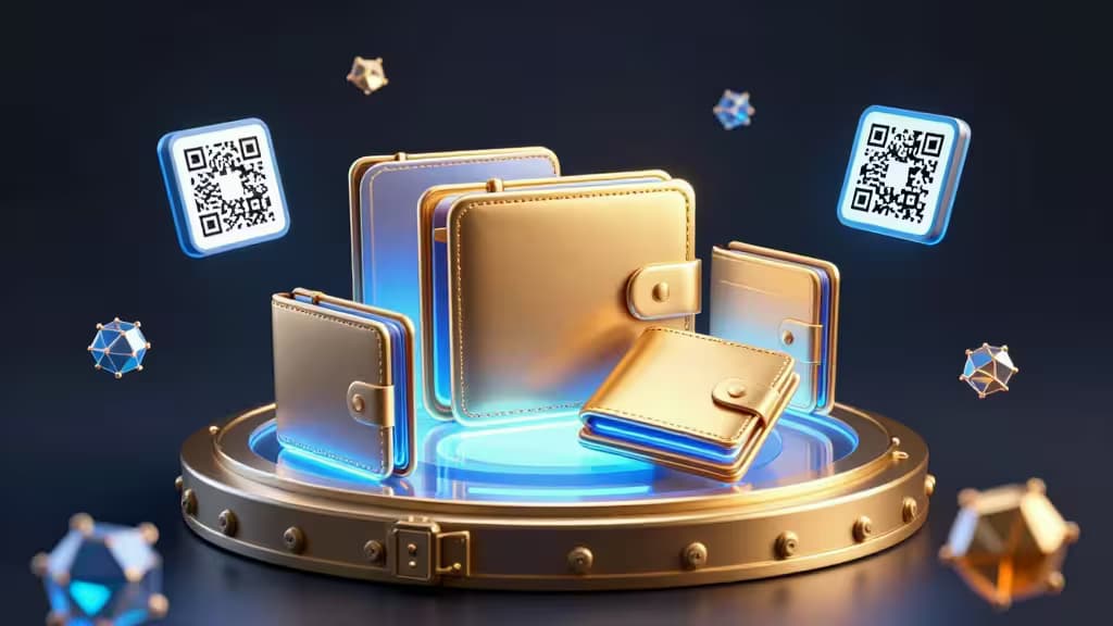 Gouden leren wallets en QR-codes zweven boven een gloeiend blauw platform, symboliserend veilige crypto-opslag voor airdrop farming en token claims.
