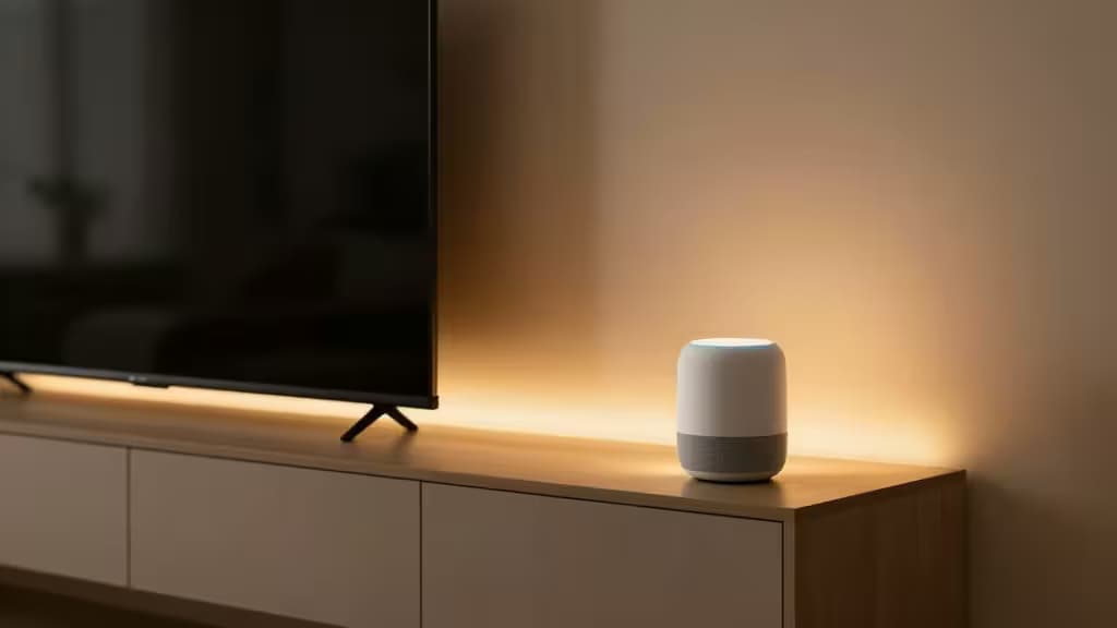 A cozy modern living room with warm smart LED lighting glowing behind a TV and a small smart speaker on a side table.