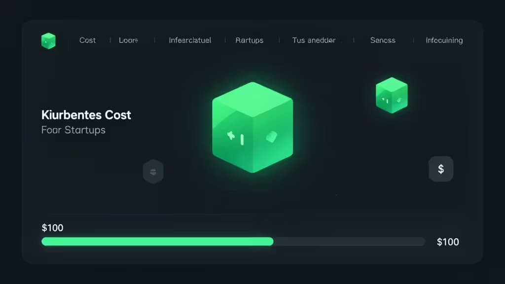 Glowing green Kubernetes cube dashboard displays $100 cost slider for startup optimization tools.