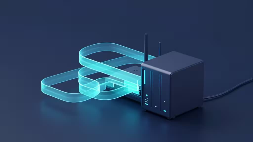 A sleek black NAS device with glowing blue data streams symbolizing secure remote access via VPN.