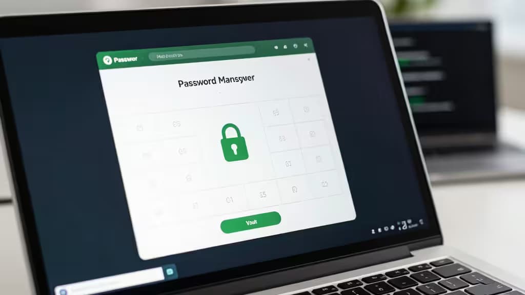Um laptop Linux exibindo a interface de um gerenciador de senhas com cadeado verde e cofre digital em tema escuro.