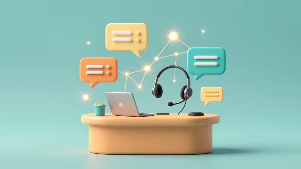 A silver laptop, headset, and glowing chat bubbles float above a peach desk, connected by neural network lines on a teal background.