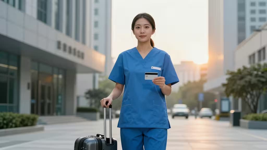 A nurse in blue scrubs pulls a black suitcase while holding a credit card, walking through a modern city street at sunset.
