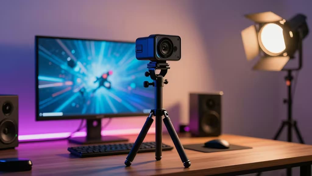 Webcam da streaming su treppiede accanto a monitor da gaming con luce da studio, scrivania in legno, atmosfera professionale