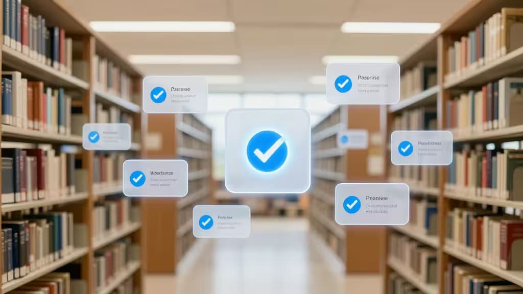 Floating blue checkmark icons overlay blurred library shelves, symbolizing AI-powered citation verification in academic research.