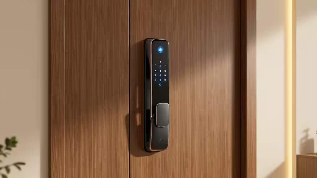 Sleek black smart lock with fingerprint reader and keypad mounted on wood door.