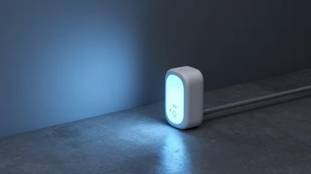 A smart water leak sensor placed on a basement floor near plumbing pipes, illuminated by soft blue ambient lighting
