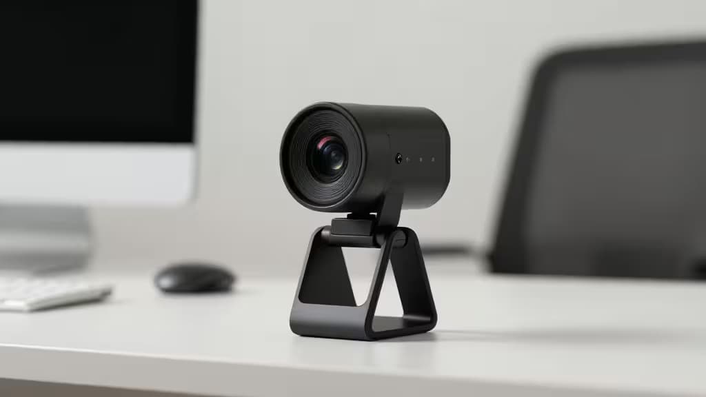 Webcam 4K noire sur pied triangulaire, posée sur bureau blanc, flou d'arrière-plan avec écran et souris.
