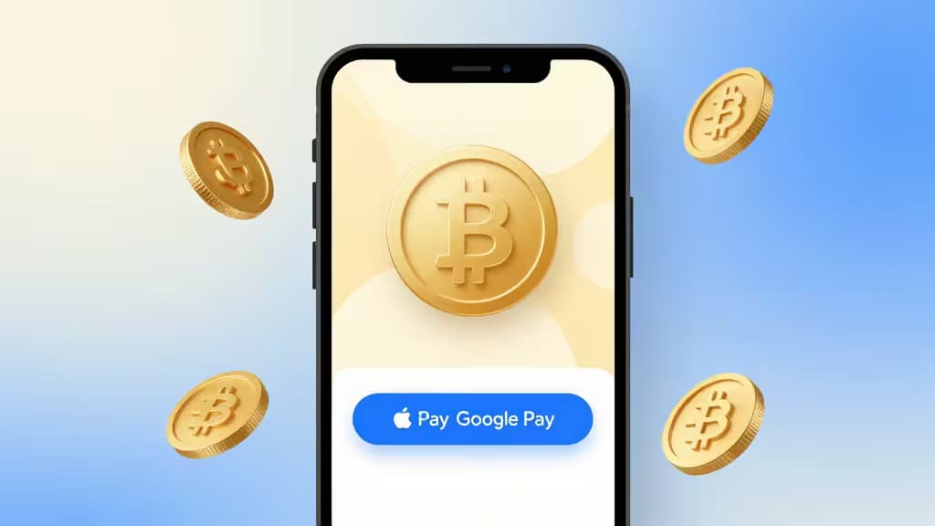 Smartphone met Bitcoin-munt en Apple/Google Pay-knop, omringd door zwevende gouden crypto-coins tegen een blauwe gradient achtergrond.
