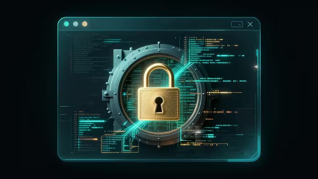 Een gloeiend gouden hangslot zit in een metalen kluisdeur, gecentreerd op een donker terminalvenster met scrollende code en datastromen.