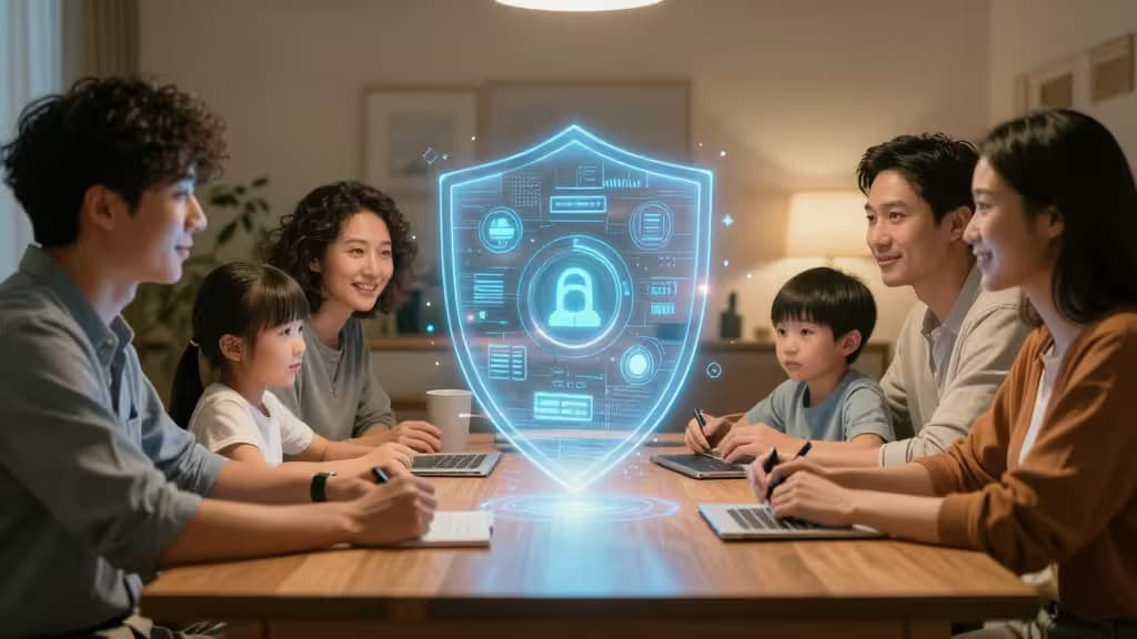 Family gathers around holographic shield displaying multi-signature wallet interface for secure digital estate planning.
