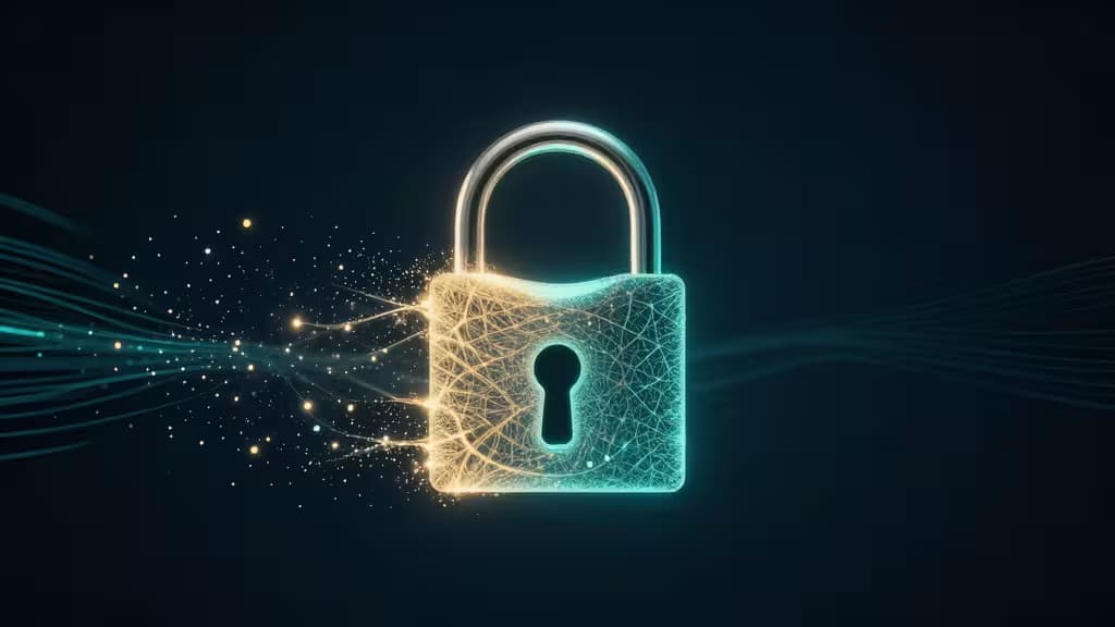 Glowing wireframe padlock with golden data streams against dark blue background, symbolizing secure digital access.