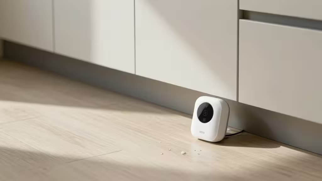 Sensore rilevatore di perdite d'acqua smart bianco posizionato su pavimento in legno chiaro accanto a un mobile da cucina bianco, con piccoli detriti sparsi nelle vicinanze.