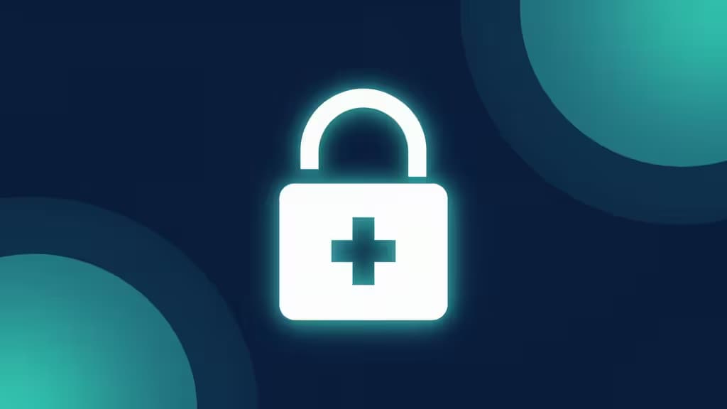 Abstract illustration of a glowing padlock over a medical cross on a deep navy and teal gradient, representing healthcare password security and HIPAA compliance.