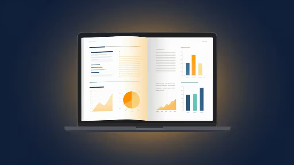 Abstract editorial illustration of a laptop screen displaying glowing landing page wireframes and conversion analytics charts against a deep blue and warm amber gradient background