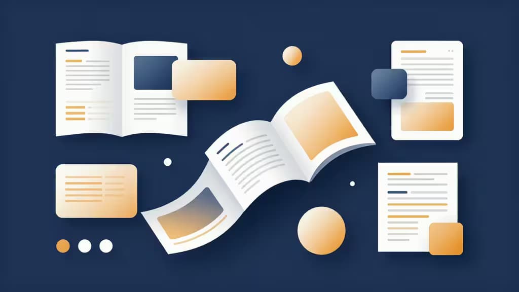 Documentos de wireframe blanco y bloques de UI flotan sobre azul marino, ilustrando flujos de trabajo de diseño con IA.