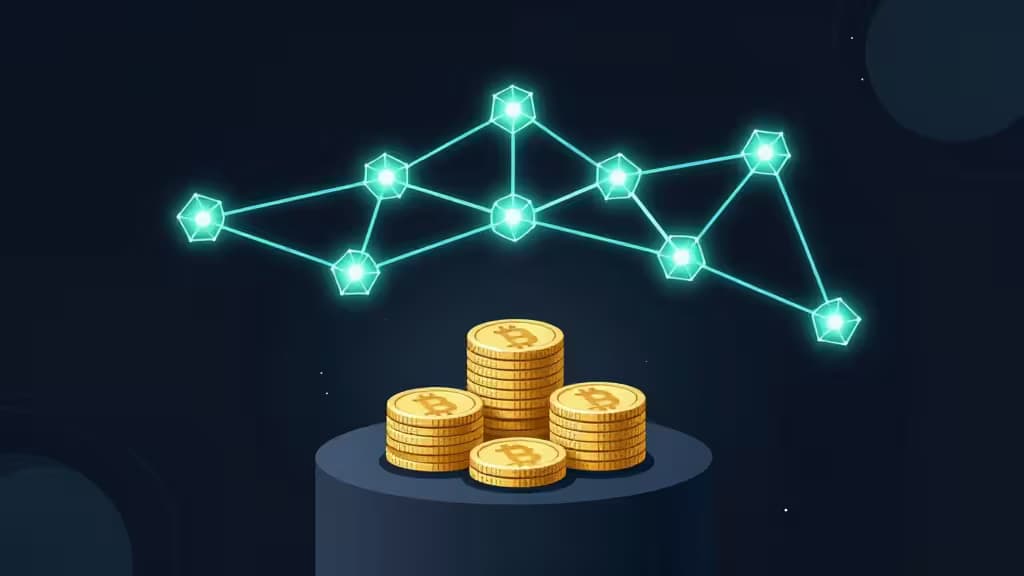 Visualización abstracta de staking de criptomonedas con nodos blockchain luminosos y monedas apiladas sobre fondo azul marino