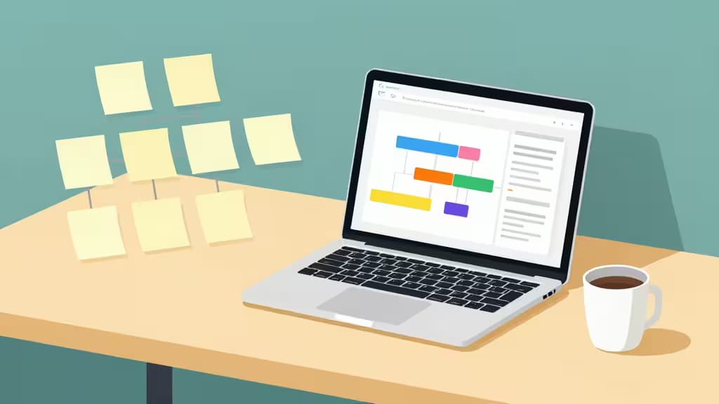 Laptop displays colorful roadmap timelines beside sticky notes and coffee on a modern desk.