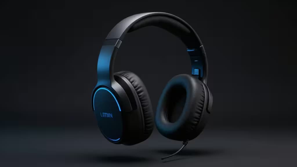 Casque gaming noir élégant avec accents LED bleus, flottant sur fond sombre.