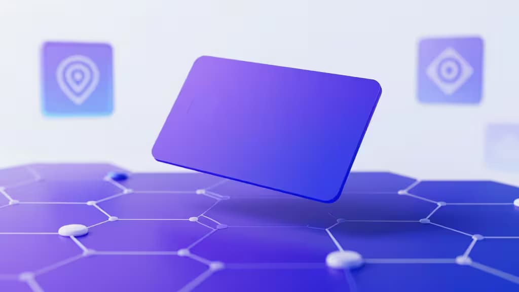 Abstract illustration of a digital wallet connected to a Polygon blockchain network with hexagonal nodes in purple and blue tones.