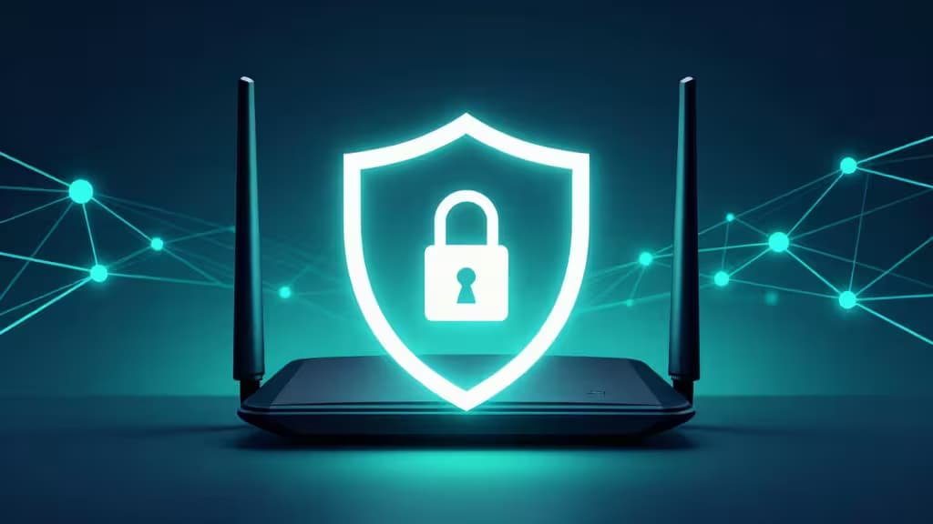 Glowing cyan shield with padlock hovers above a black Wi-Fi router, flanked by antennas and digital network lines on a dark blue background.