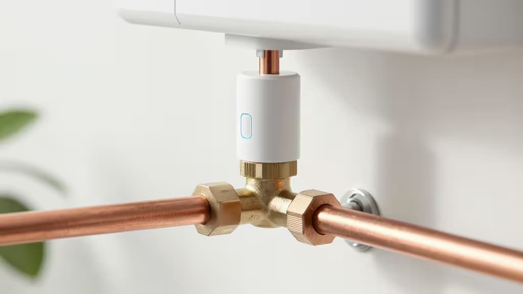 A white smart shutoff valve with a blue indicator light is mounted on a brass fitting between two horizontal copper pipes.