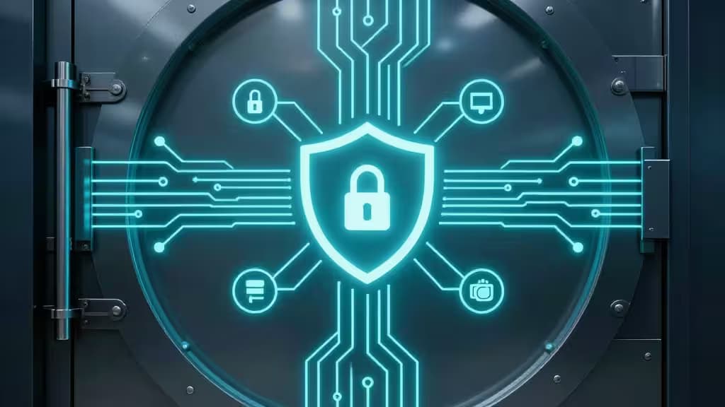 Un circuit imprimé cyan lumineux avec une icône centrale de bouclier et cadenas, entouré de symboles de sécurité numérique, intégré dans une lourde porte de coffre-fort métallique.
