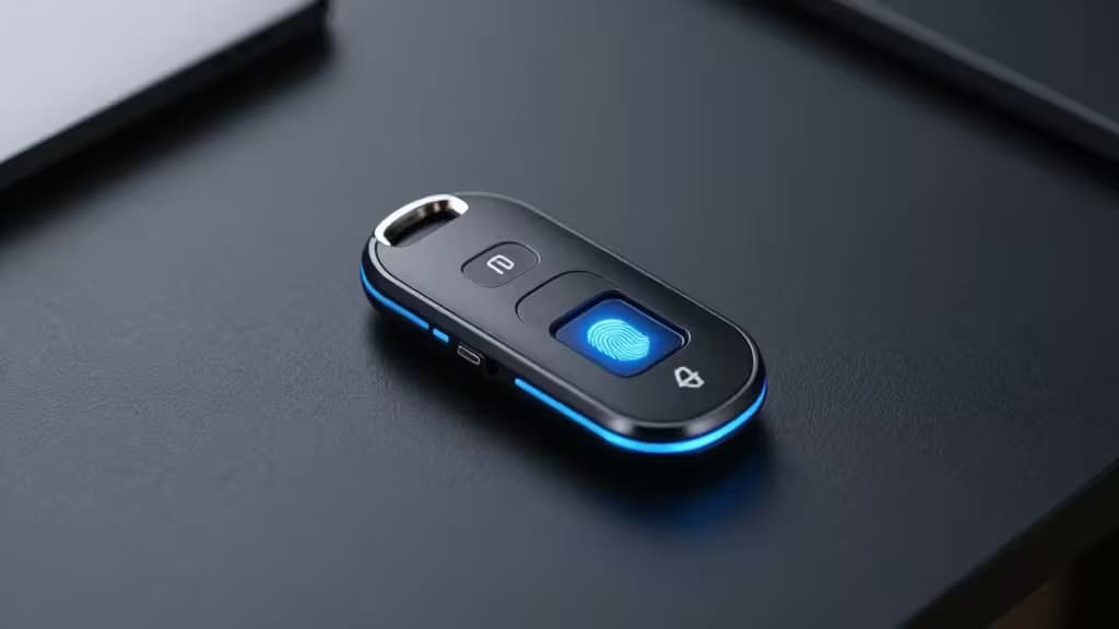 Clé de sécurité biométrique noire avec capteur d'empreinte digitale lumineux bleu posée sur surface sombre, illustrant l'authentification matérielle FIDO2/WebAuthn.