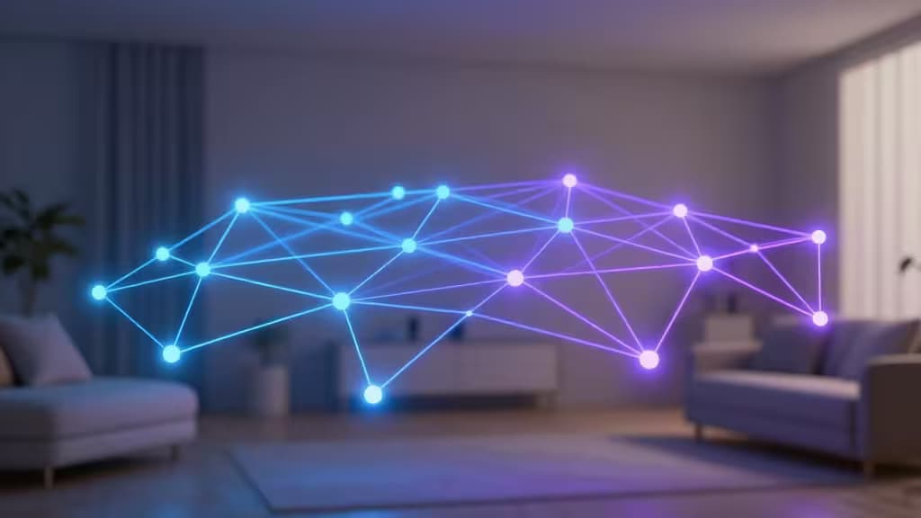 Abstrakcyjna wizualizacja sieci mesh WiFi 7: świecące, połączone węzły tworzące sieć we współczesnym wnętrzu domu, strumienie światła w odcieniach błękitu i fioletu łączą węzły w minimalistycznej scenerii architektonicznej
