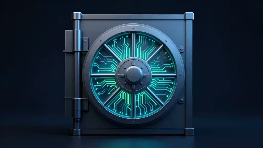 A futuristic vault door with glowing circuit patterns, symbolizing secure Docker secret management.