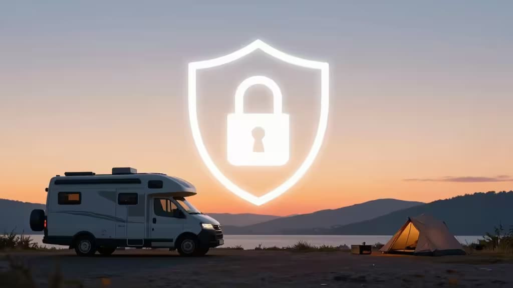 White camper van parked beside glowing tent under sunset sky, overlaid with luminous shield-and-lock icon symbolizing secure RV internet access.