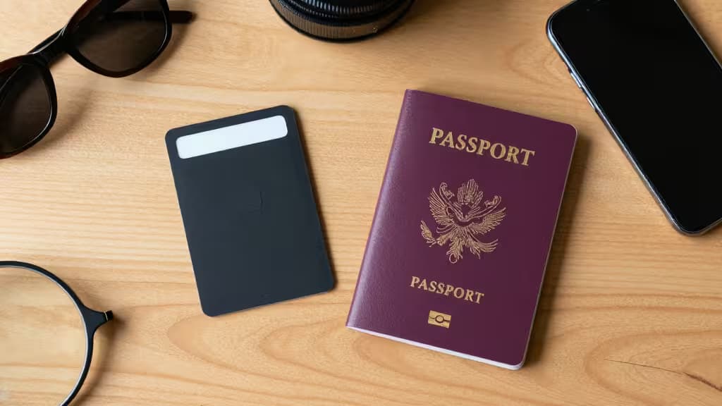 A slim black NFC hardware wallet card rests beside a maroon passport on a wooden desk, surrounded by travel essentials.
