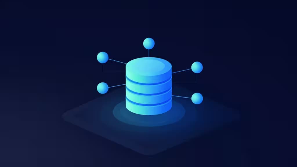 A glowing blue database cylinder connects to five floating spheres via thin lines, symbolizing ORM data mapping.