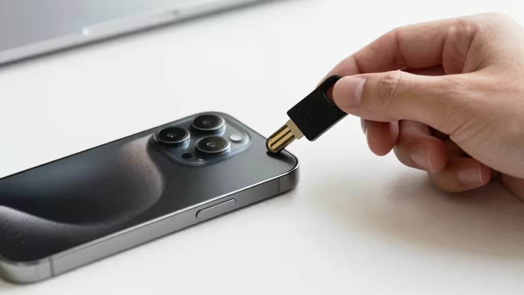 A hand inserts a black USB-C security key into an iPhone's port on a white desk.