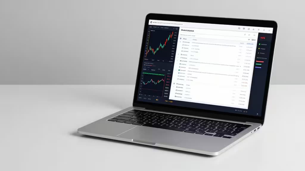 Silberner Laptop auf weißem Schreibtisch zeigt Krypto-Trading-Charts und Portfolio-Dashboard.