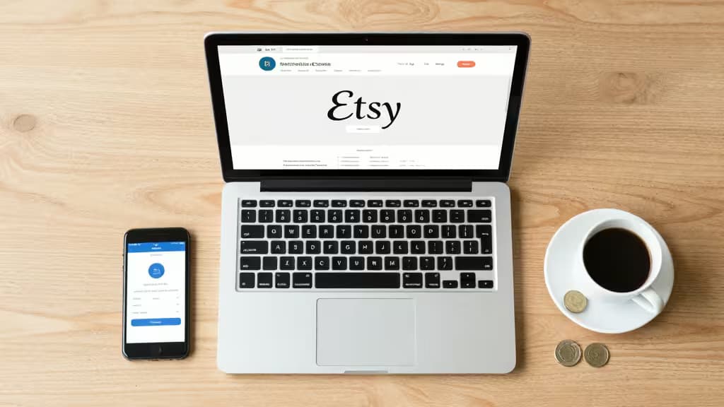 Laptop displays Etsy dashboard, smartphone shows banking app, coffee and coins on wooden desk.