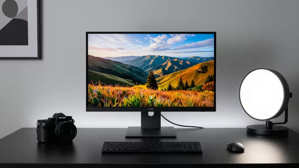 Ein schlanker 27-Zoll-IPS-Monitor zeigt eine farbenfrohe Berglandschaft auf einem dunklen Schreibtisch, flankiert von einer Kamera und weichem Studiolicht.
